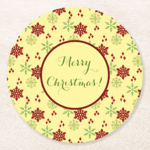 Bright Red and Green Snowflakes Pattern Round Paper Coaster