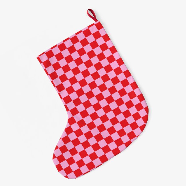 Bright Red and Light Pink Checkered Large Christmas Stocking (Back (Hanging))