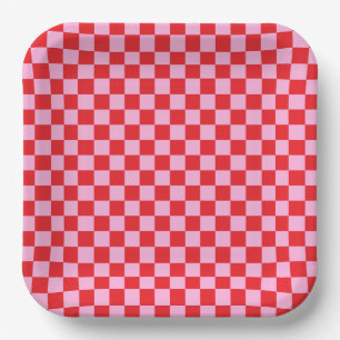 Bright Red and Light Pink Checkered Paper Plate