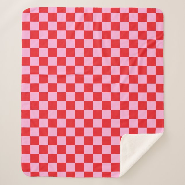 Bright Red and Light Pink Checkered Sherpa Blanket (Front)