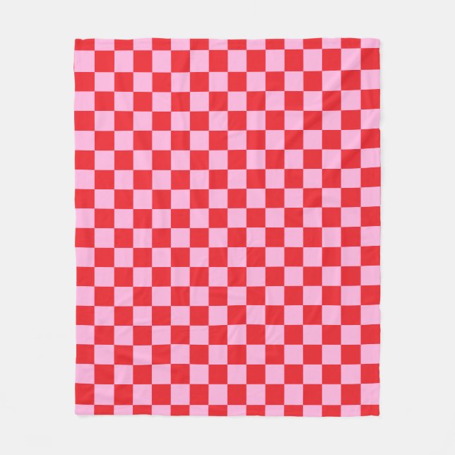 Bright Red and Light Pink Chequered Fleece Blanket (Front)