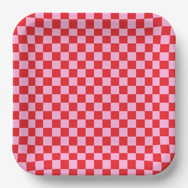 Bright Red and Light Pink Chequered Paper Plate (Front)