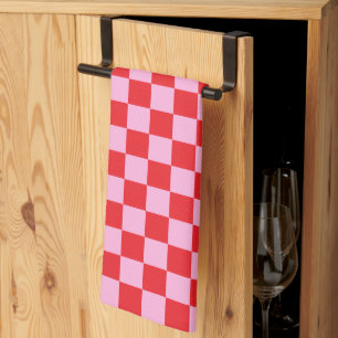 Bright Red and Light Pink Chequered Tea Towel