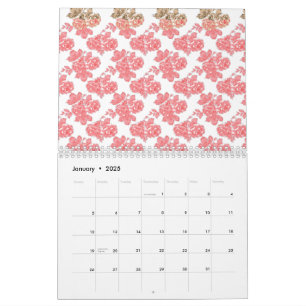 Bright red and pink floral wrapping paper featurin calendar