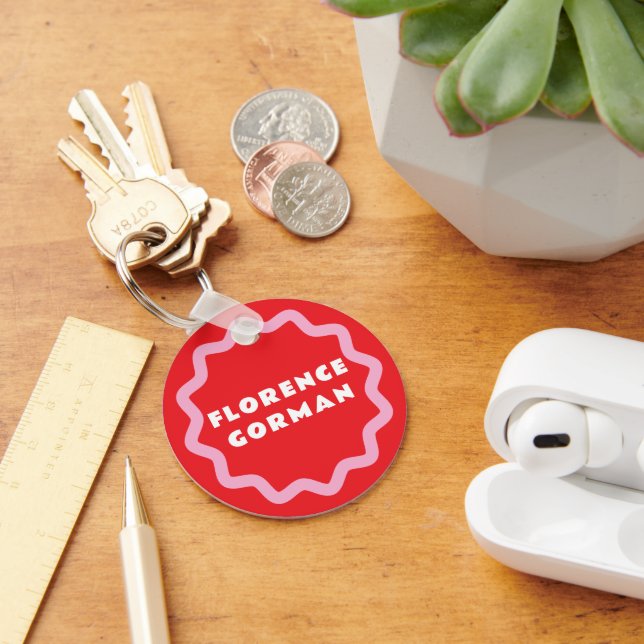 Bright Red and Pink Wavy Frame Personal Key Ring (Desk)