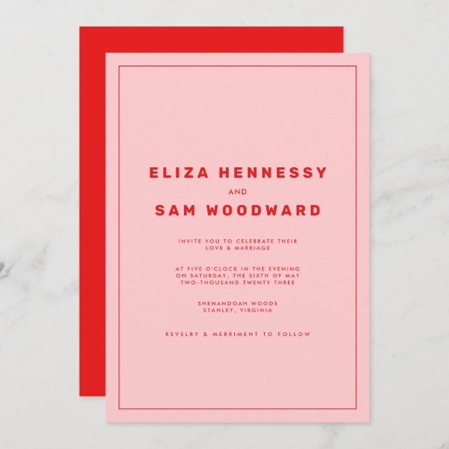 Bright Red and Pink Wes Anderson Inspired Wedding Invitation (Front/Back)