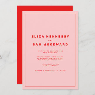 Bright Red and Pink Wes Anderson Inspired Wedding Invitation