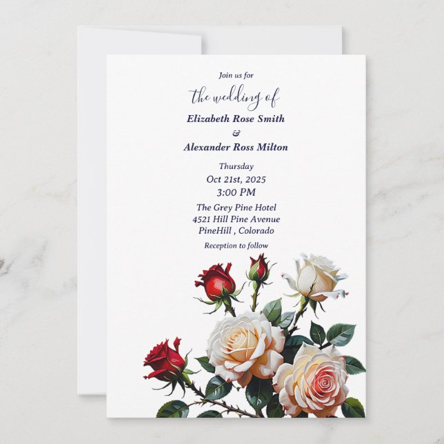 Bright Red and pink white roses floral wedding Invitation (Front)