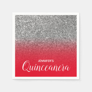 Bright Red and Silver Glitter Ombre Quinceanera Napkin