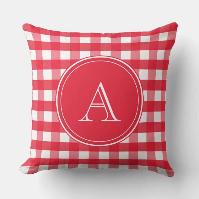 Bright Red and White Gingham Monogram Cushion (Front)