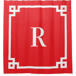 Bright Red and White Greek Key Simple Monogram Shower Curtain