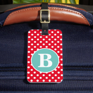 Bright Red and White Polka Dot with Teal Monogram Luggage Tag