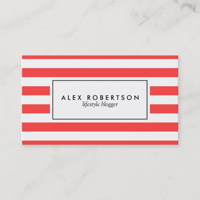 Bright red and white stripes business card (Front)