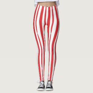 Bright Red and White vertical Stripe Leggings