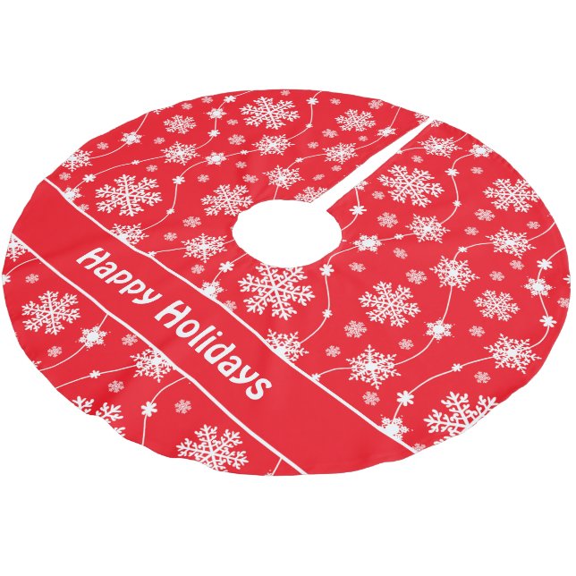 Bright Red and Winter White Snowflake Monogram Brushed Polyester Tree Skirt (Angled)