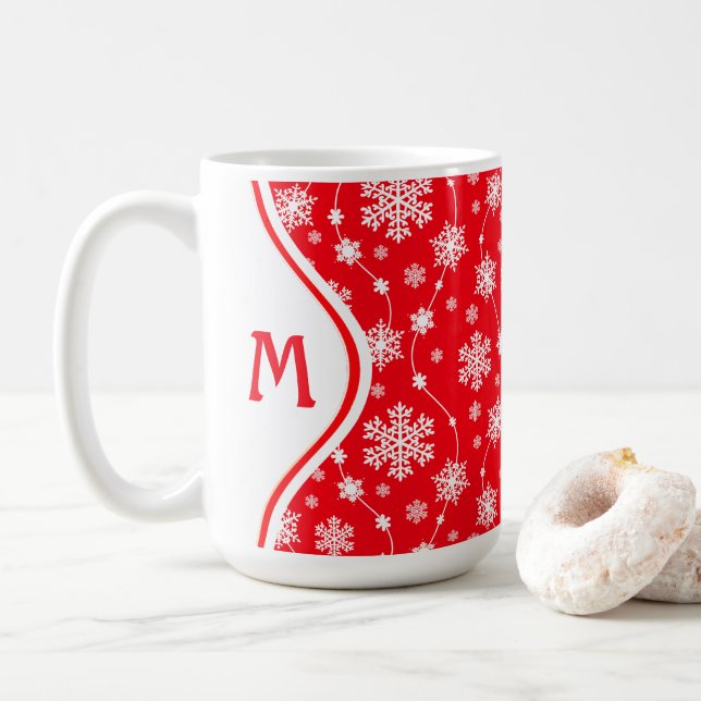 Bright Red and Winter White Snowflake Monogram Coffee Mug (With Donut)
