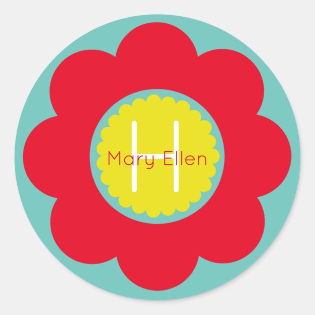 Bright Red and Yellow Flower on Teal Monogram Classic Round Sticker (Front)