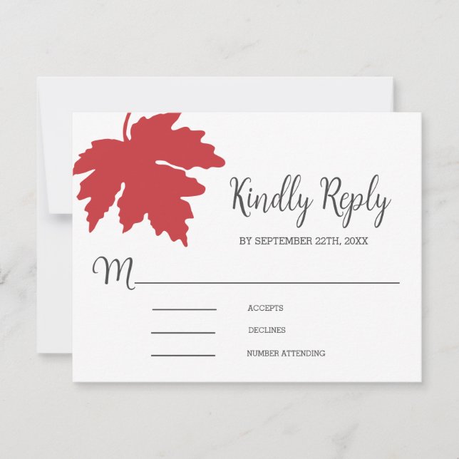 Bright Red Autum Maple Leaf Wedding RSVP Card (Front)