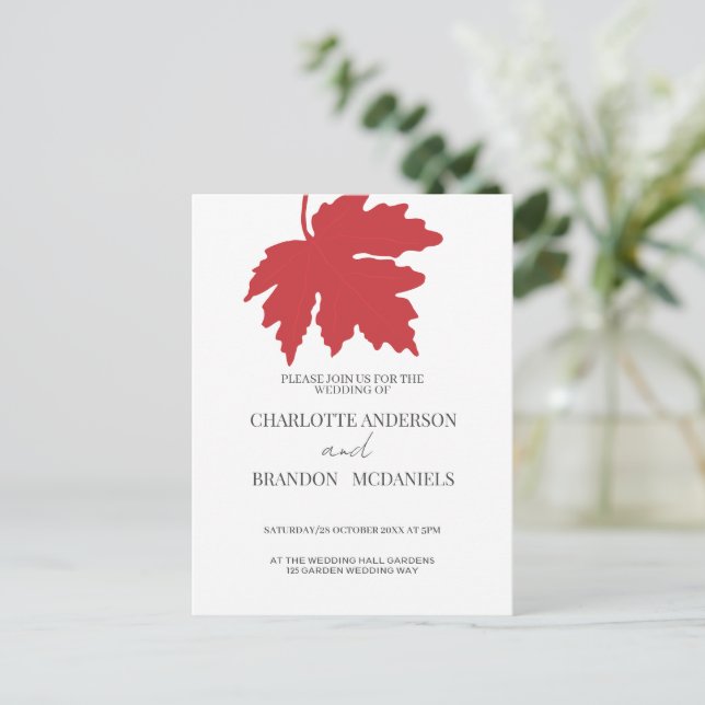 Bright Red Autumn Maple Leaf Wedding   Postcard (Standing Front)
