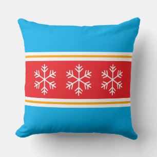 Bright Red Azure Blue Stripes White Snowflakes Cushion