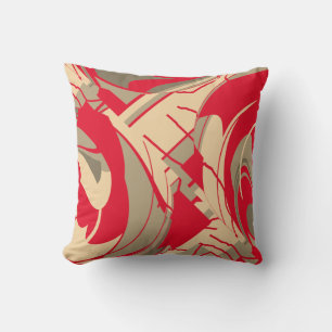 Bright Red Beige Taupe Lush Leaves Floral Design Cushion