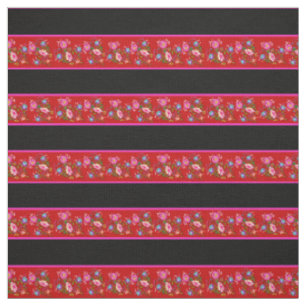 Bright red/black, pink pin stripe, folk floral fabric