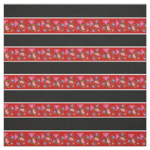 Bright red/black, white pin stripe, folk floral fabric