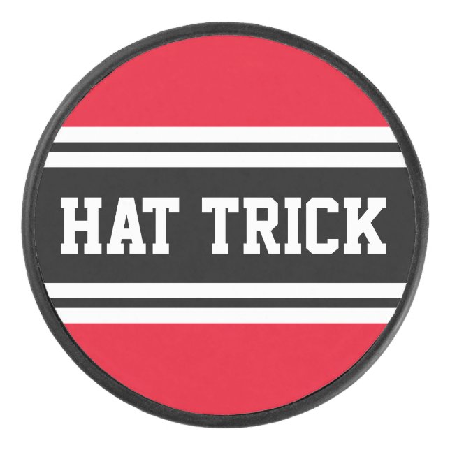 Bright Red Black White Racing Stripes "HAT TRICK" Hockey Puck (Front)