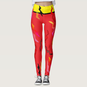 Bright Red Black Yellow Lightning Bolts Halloween Leggings
