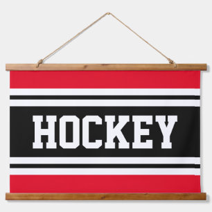 Bright Red Bold Black White Stripes HOCKEY Text Hanging Tapestry