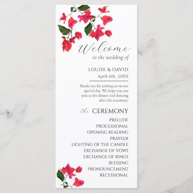 Bright Red Bougainville Wedding Flat Program (Front)