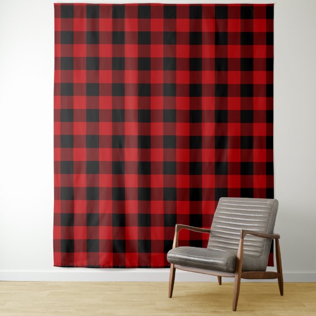 Bright Red Buffalo Plaid Backdrop Wall Covering Tapestry (In Situ)