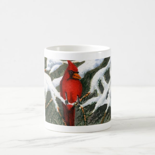 Bright red Cardinal bird in snowy pines  Coffee Mu Coffee Mug (Center)