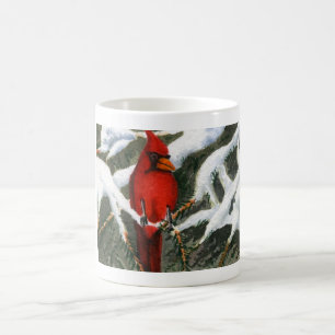 Bright red Cardinal bird in snowy pines Coffee Mu Mug