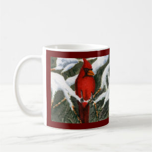 Bright red Cardinal bird in snowy pines  Coffee Mu Mug