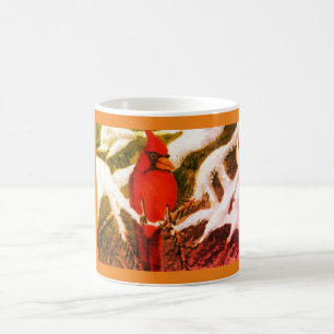 Bright red Cardinal bird in snowy pines Coffee Mu Mug