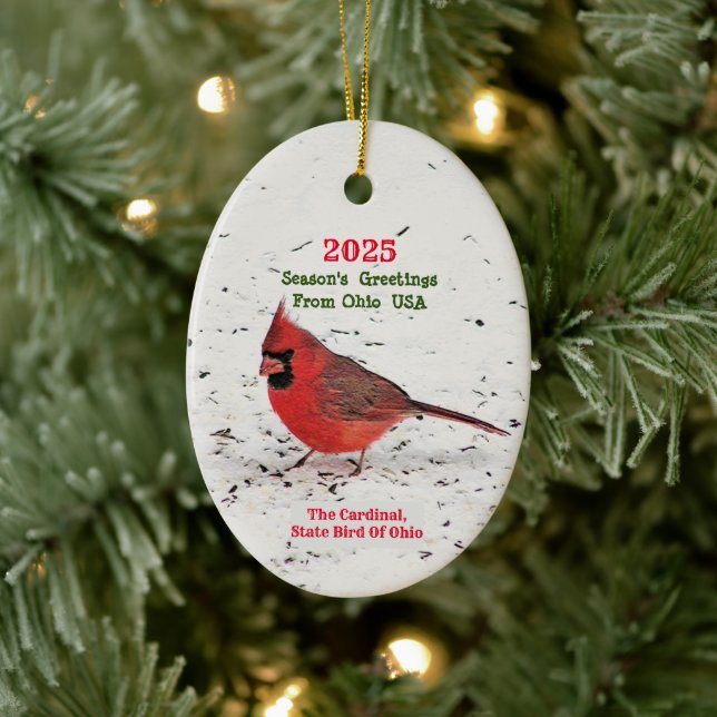 BRIGHT RED CARDINAL IN SNOW/ STATE BIRD OF OHIO CERAMIC ORNAMENT (Tree)