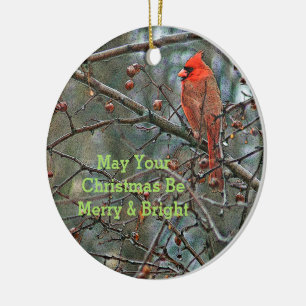 "BRIGHT RED CARDINAL ON TREE BRANCH" CERAMIC ORNAMENT