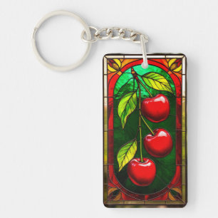 Bright Red Cherries and Green Leaves Key Ring