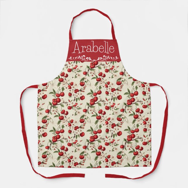 Bright Red Cherry Pattern Apron (Front)