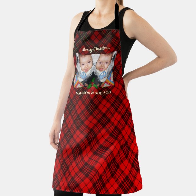 Bright Red Christmas tartan pattern custom photo Apron (Insitu)