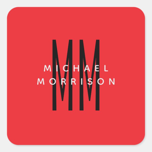 Bright Red Colour Monogram Initial Letters Name Square Sticker (Front)