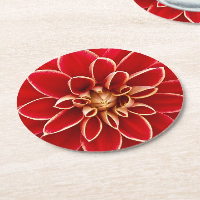 Bright Red Dahlia Flower Round Paper Coaster (Angled)