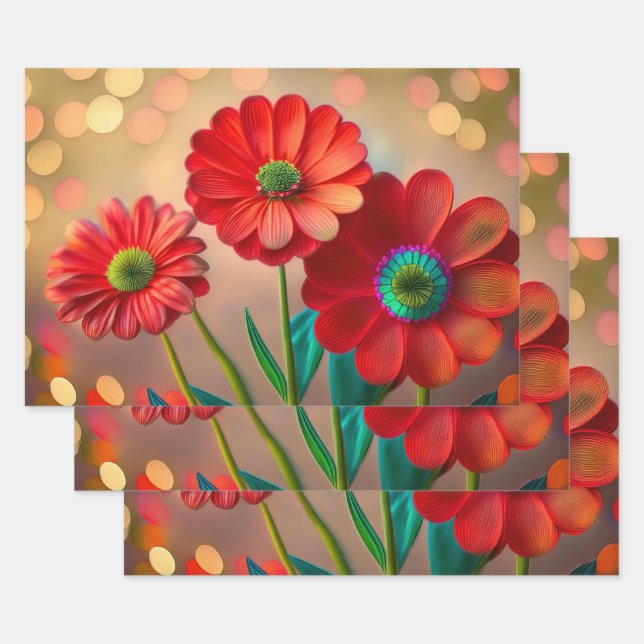 Bright Red Daisy Flowers Wrapping Paper Sheet (Set)