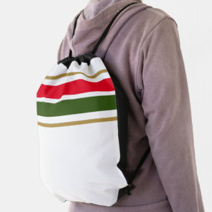 Bright Red Dark Green Top Stripes White Background Drawstring Bag