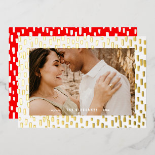 Bright Red Dashing Dots Photo Frame Gold Foil Holiday Card