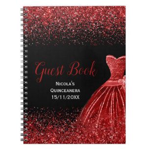 Bright Red Dress Faux Glitter Quinceanera Guest Notebook