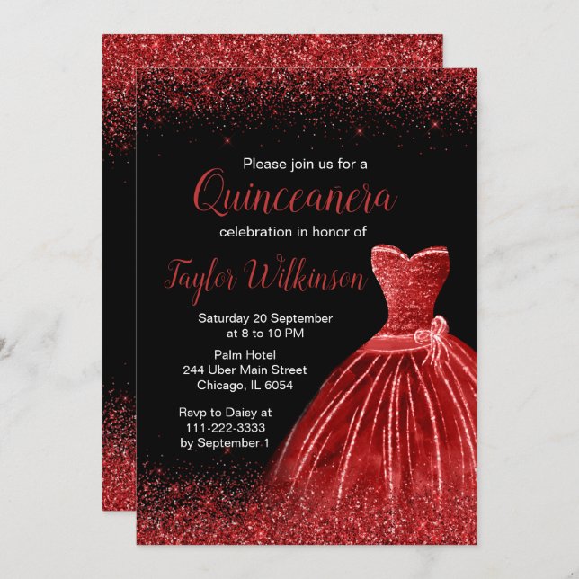 Bright Red Dress Faux Glitter Quinceanera Invitation (Front/Back)