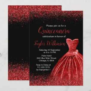 Bright Red Dress Faux Glitter Quinceanera Invitation