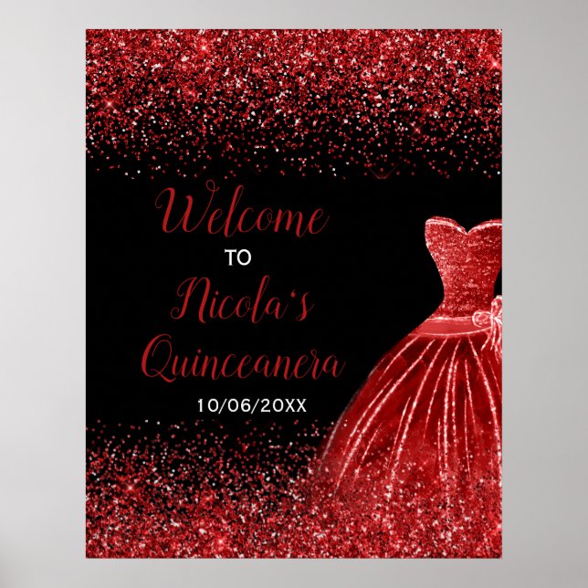 Bright Red Dress Faux Glitter Quinceanera Welcome Poster (Front)